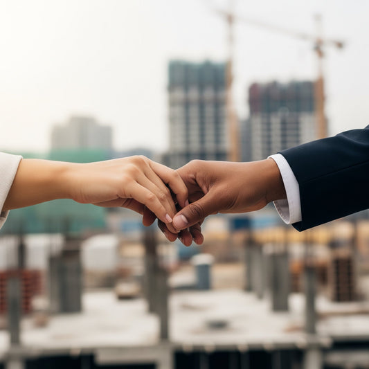 people holding hands in front of buildings