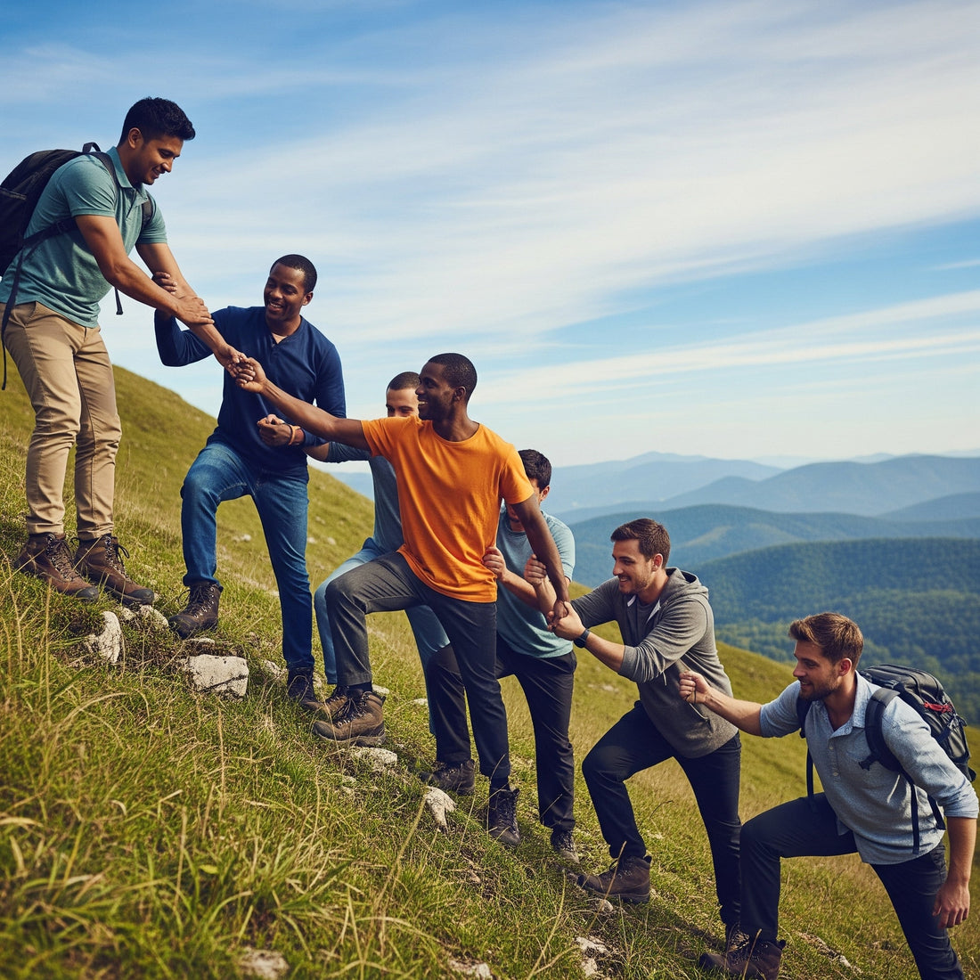 group of men pulling each other up a hill