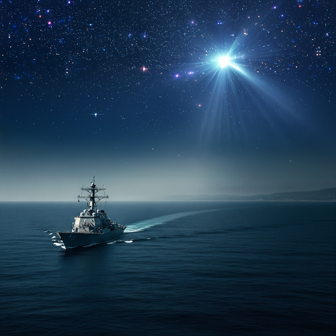 ship in ocean with bright unidentifiable light in the sky