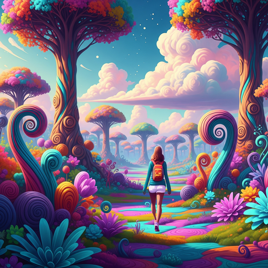woman walking down a road through a psychedelic forest