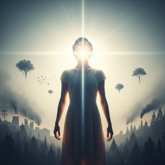woman standing with light coming from her head and world issues behind her