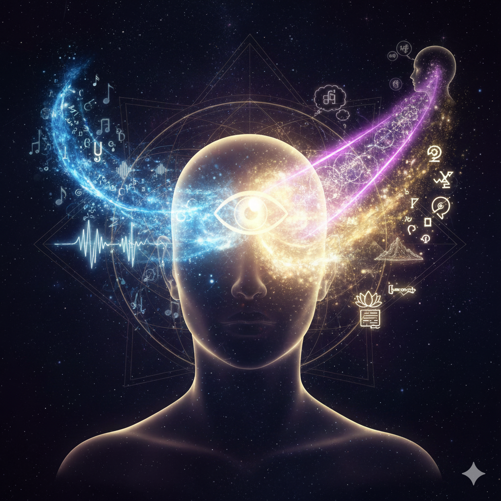 person with senses around its head with light bursts