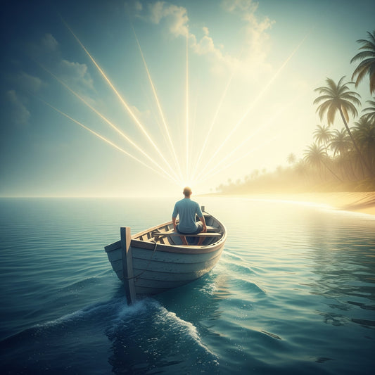 dream-like illustration of a man in a boat going towards an island