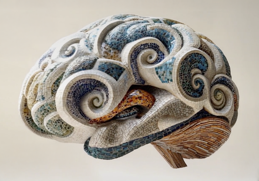 sculpture of brain with Gaudi design mosaic