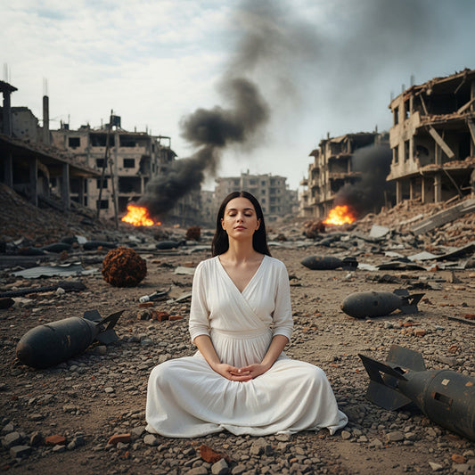 woman meditating in the midst of destruction