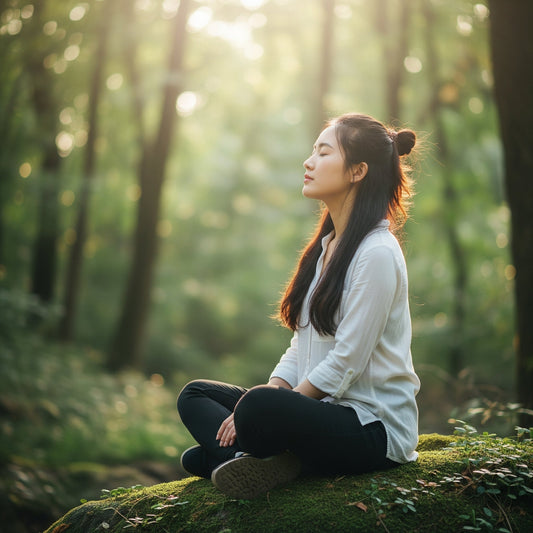woman alone in a forest meditating