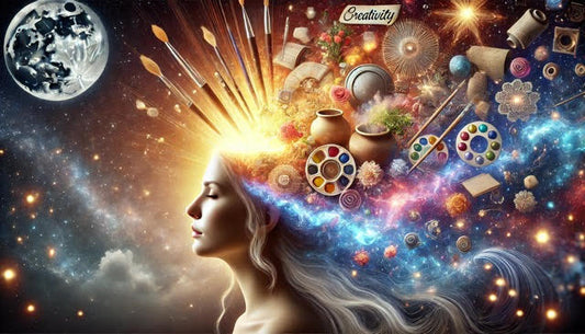 woman with creative symbols coming out of her head