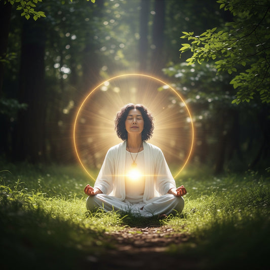 woman with light surrounding her and emanating from solar plexus