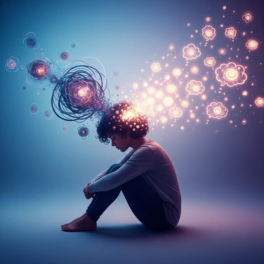 person sitting with chaos going in head and calm releasing out