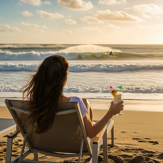 woman sitting on the beach with a piña colada watching surfers