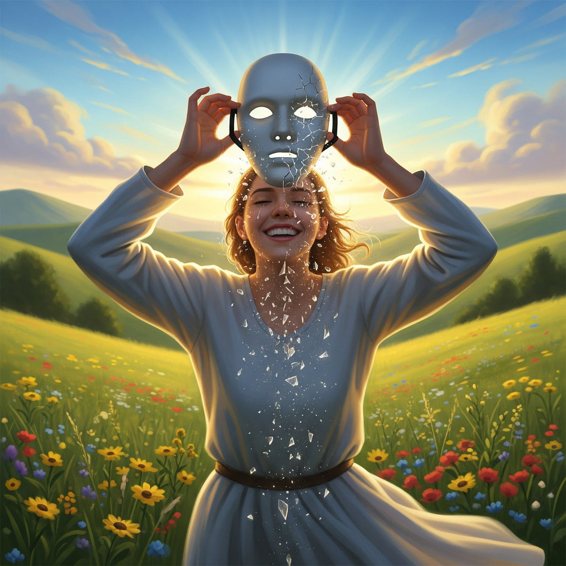 woman taking off a mask happily