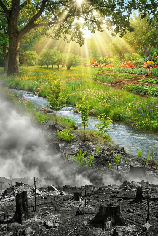 the land goes from destruction up to new growth, then abundance and up to the sun