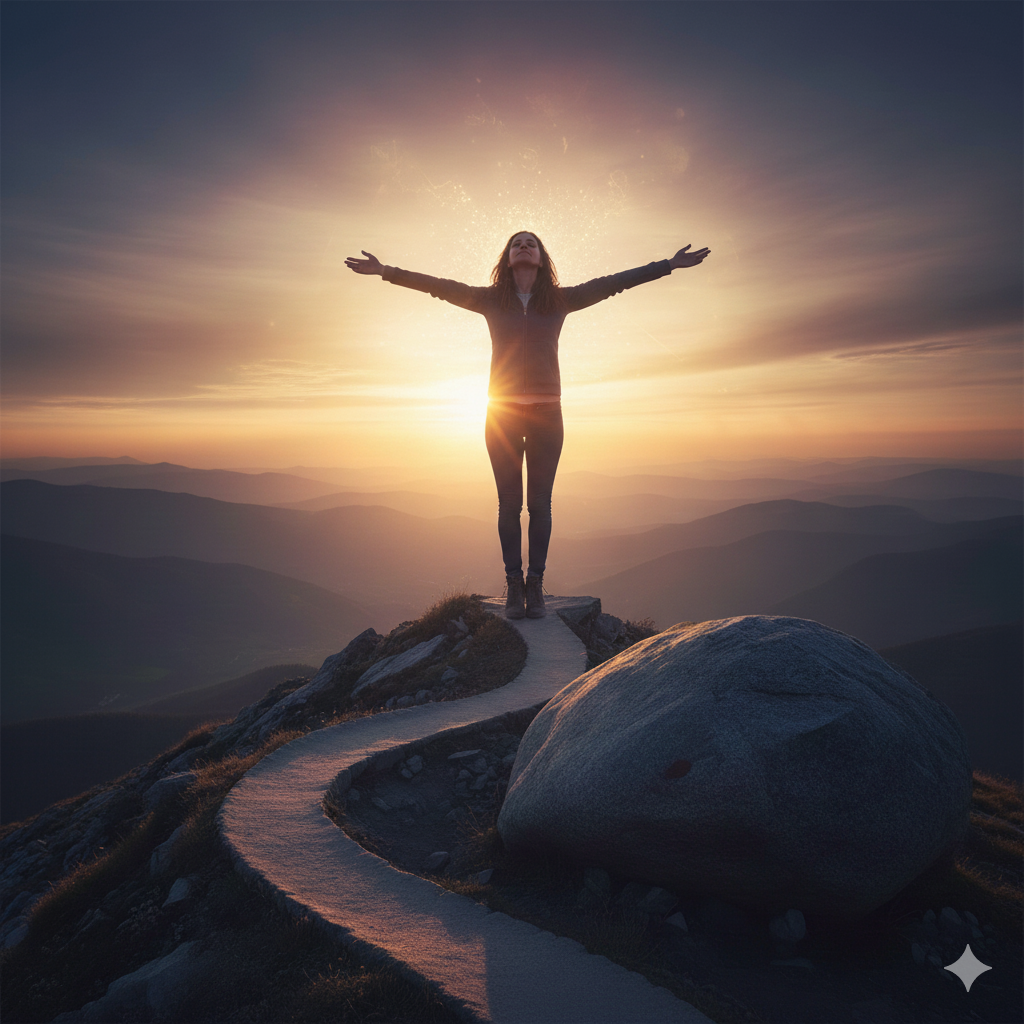 woman on a single road with arms open to the sky