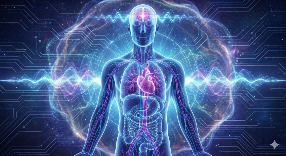 human with organs showing energy coming off it