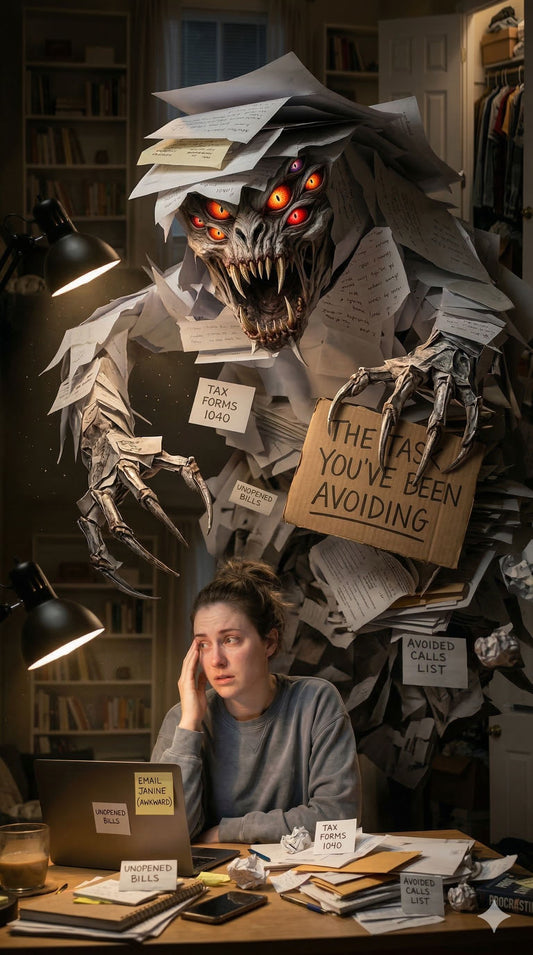 paperwork becomes a monster hovering over a stressed out girl