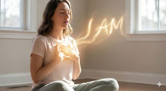 woman meditating with the words I Am coming out of her heart