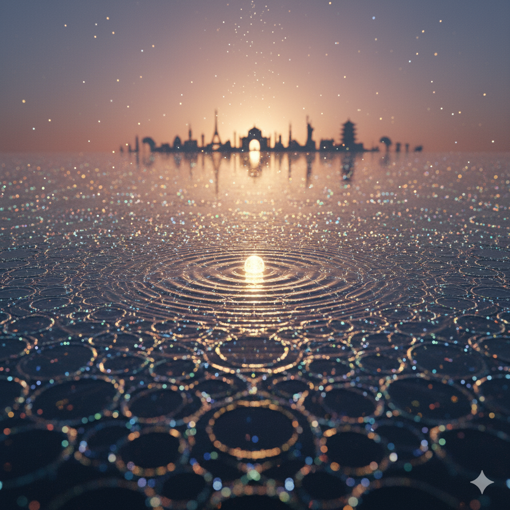 skyline of world icons with ripple effect