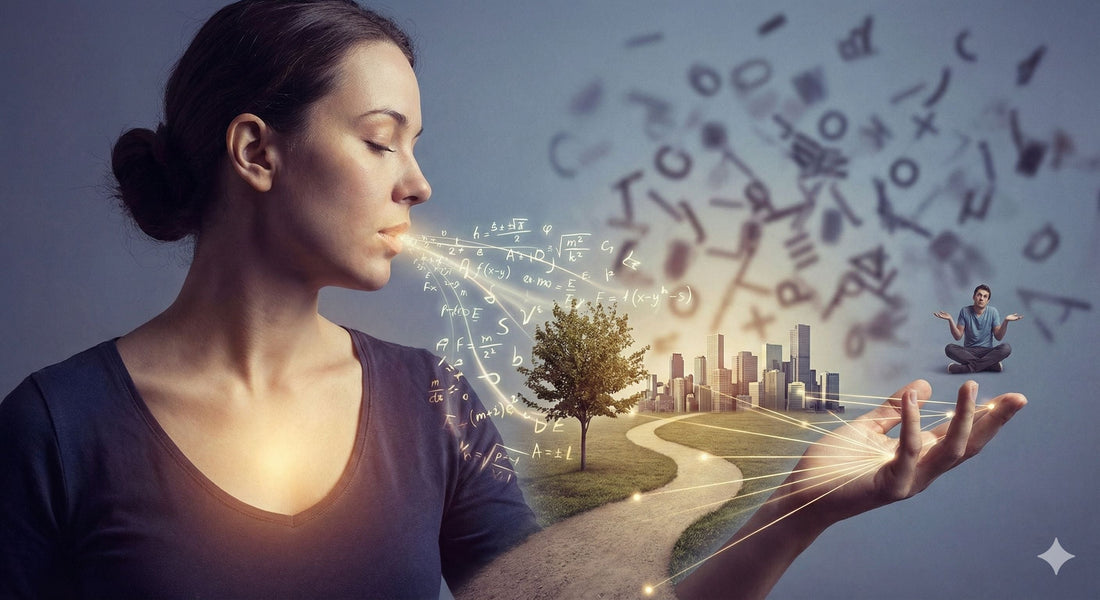 woman with letters and formulas coming out of her mouth to create reality