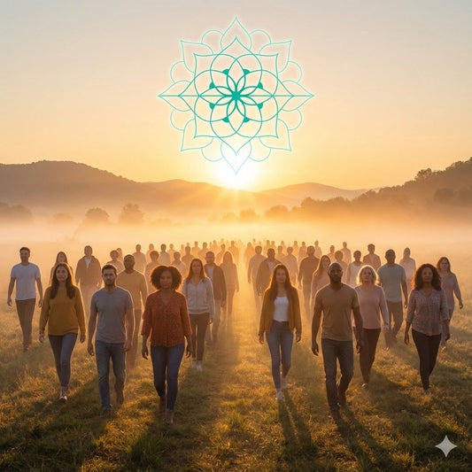 many people stepping forward in a field with hills and sun in the background