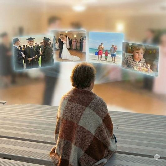 an older woman looking at screens of life experiencees
