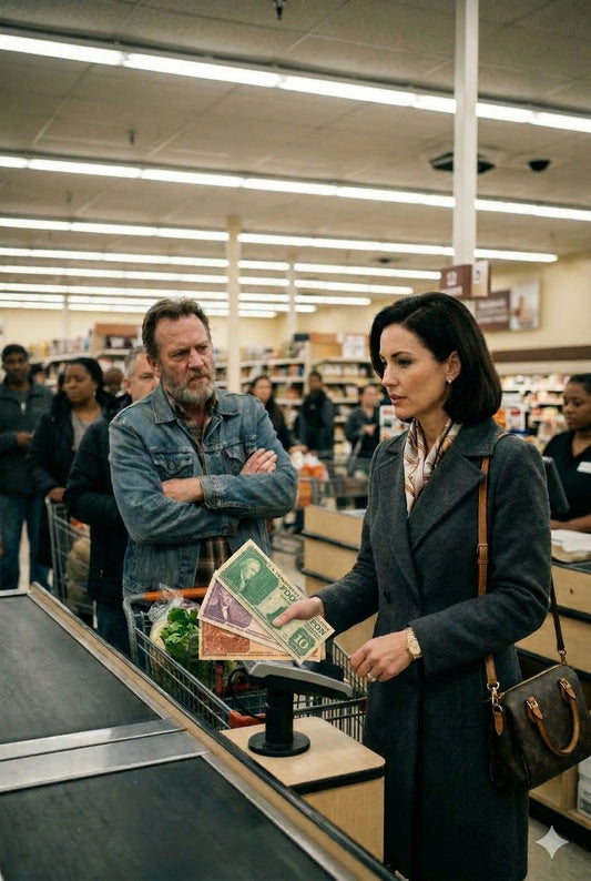 a well dressed woman is using food stamps in a grocery store and a man is looking at her in judgment